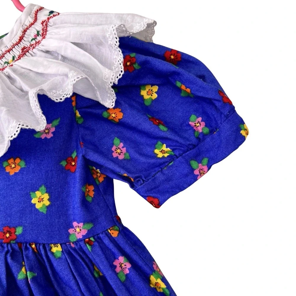 Vintage 90s Smocked Dress 4T Bright Blue Colorful Florals Puff Sleeve Full Skirt